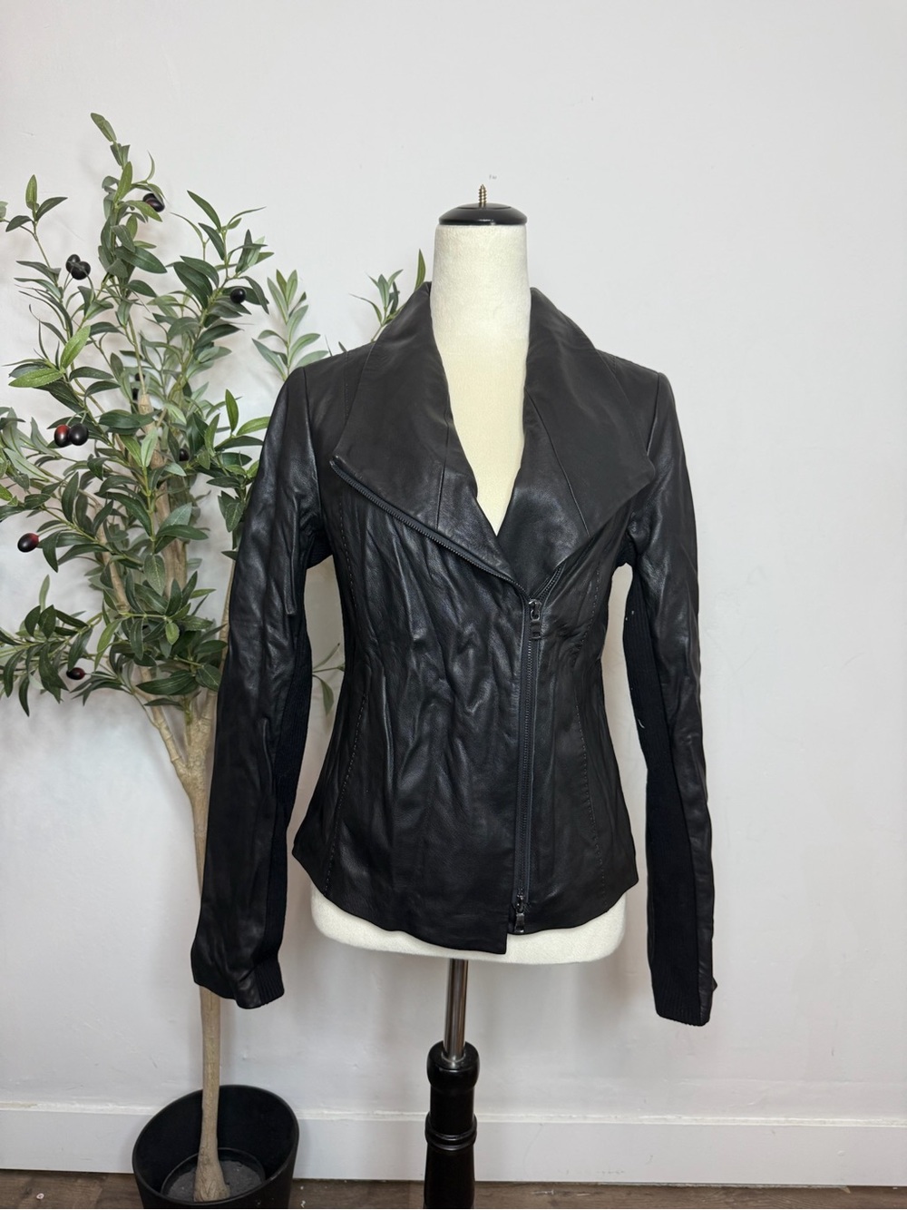 Vince Black Scuba Leather Asymmetrical Zip Jacket
